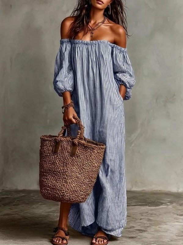Décontracté Coupe Ample Off-Shoulder Striped Robe