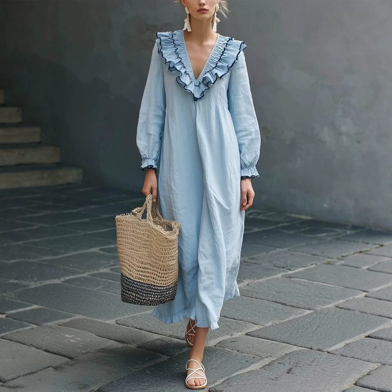 Robe Femme Fluide à Volants et Col V - Style Resort Décontracté Chic