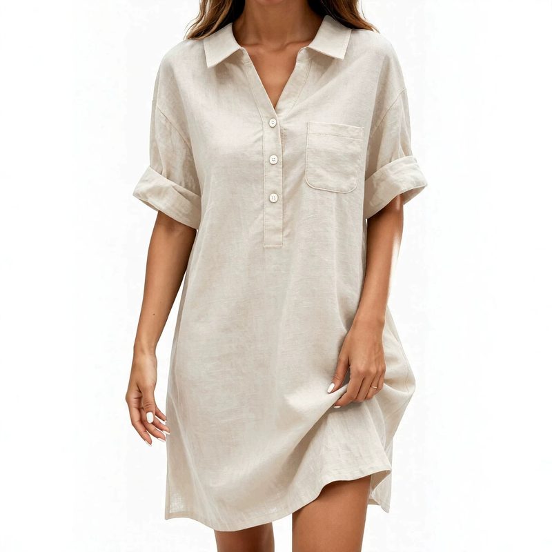 Cotton-Linen Uni-Color Shirt-Collar Décontracté Respirant Robe