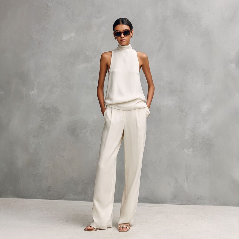 Ensemble Top Col Roulé Sans Manches et Pantalon Ample