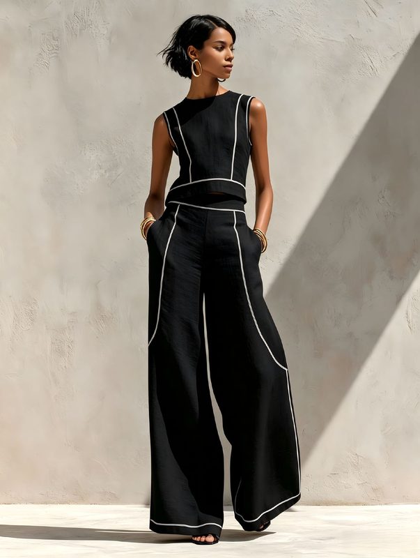 Ensemble Deux Pièces Femme : Pantalon Large Color-Block et Top Sans Manches – Style Estival Chic et Décontracté