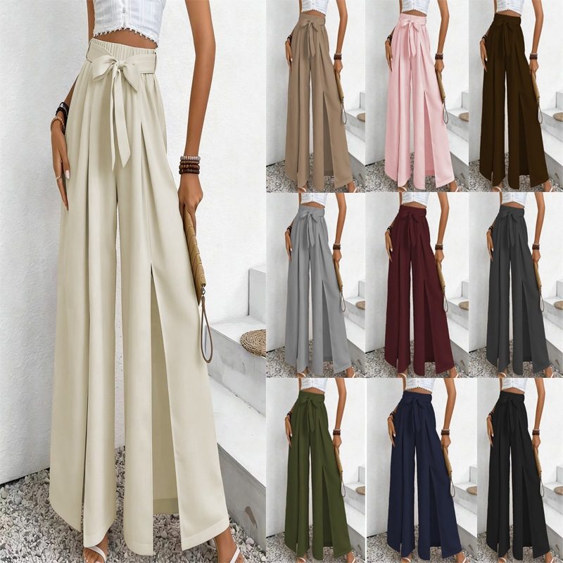 Nouveauté Été : Pantalon Ample Femme Taille Haute à Jambe Large avec Ceinture à Nouer, Couleur Unie