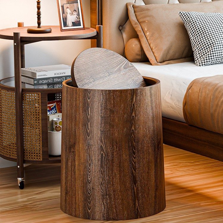 Rétro Wood-Grain Pattern Trash Can Household Flip-Top Large Capacity