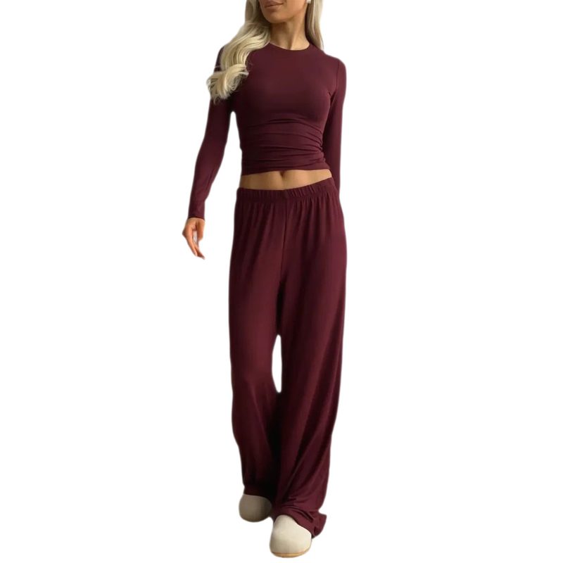 Ensemble Élégant Femme : Haut Manches Longues et Pantalon Ample Uni