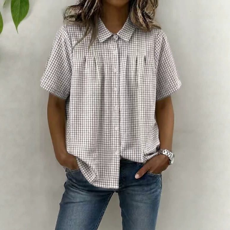 Chemise Femme à Carreaux, Coupe Décontractée, Col Revers et Manches Courtes
