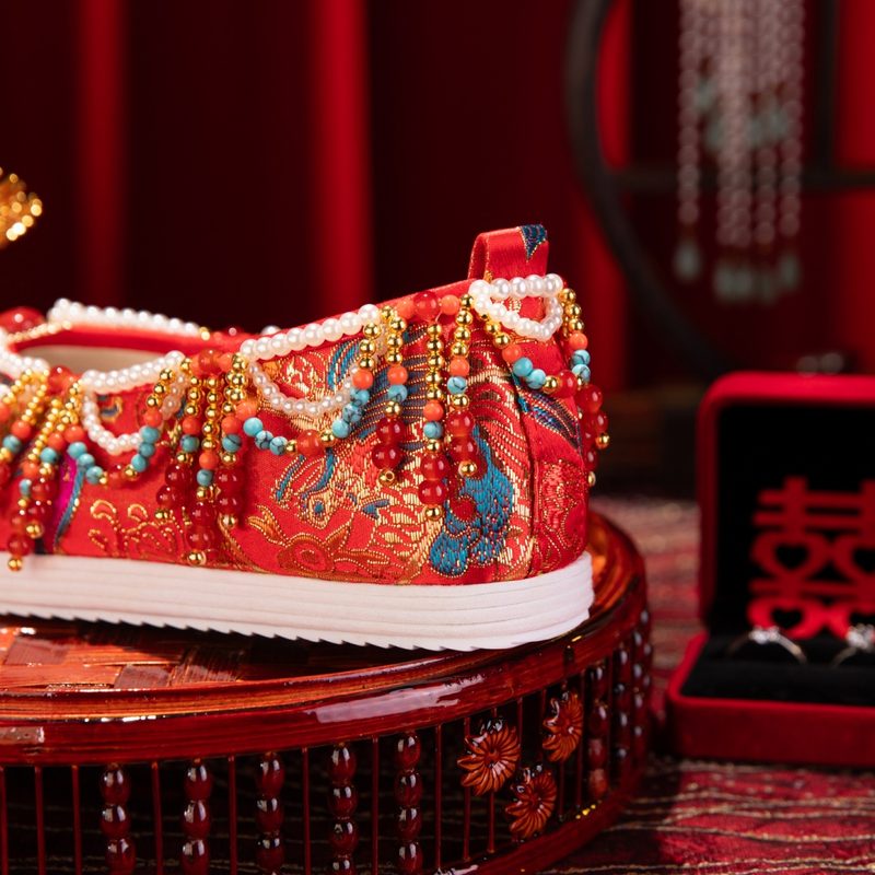 Handmade Original Chinese-Style M Ing Dynasty Wedding Chaussures , Red Beaded Xiuhe Bride Chaussures, Premium Traditional Chinese Wedding Chaussures