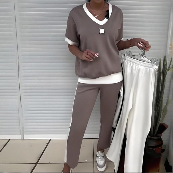 Ensemble Sportswear Femme : Top Col en V Manches Courtes et Pantalon Long Color-block