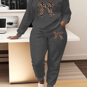 Ensemble Chic Pull Col Rond à Manches Longues et Jogging Imprimé Léopard avec Nœud Décoratif