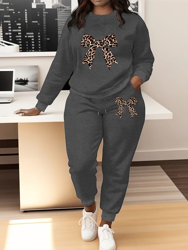 Ensemble Chic Pull Col Rond à Manches Longues et Jogging Imprimé Léopard avec Nœud Décoratif