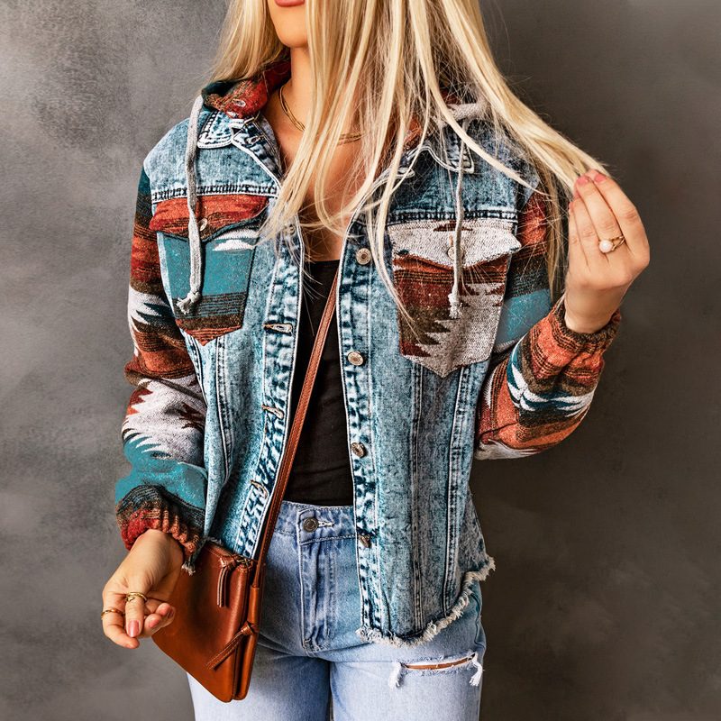 Rétro Veste With Hood And Pockets Denim Patchwork Contrast-Color Manteau