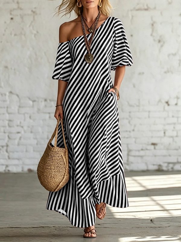 Asymmetrical One Shoulder Striped Maxi Robe, Puff Sleeve Ruffle Hem Ample Pocket Robe For Vacation Summer Robe