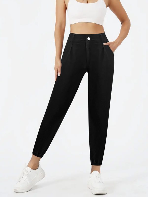High Waisted Button Fly Pantalon De Jogging With Pockets, Décontracté Tapered Ankle Pantalon For Daily Wear Workwear Pantalon