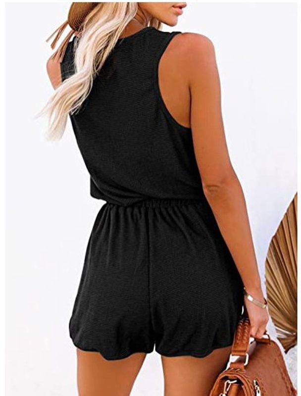 Décontracté Sleeveless Button Down Romper With Drawstring Waist & Pockets, Ample Fit Jumpsuit Shorts For Loungewear & Outdoor