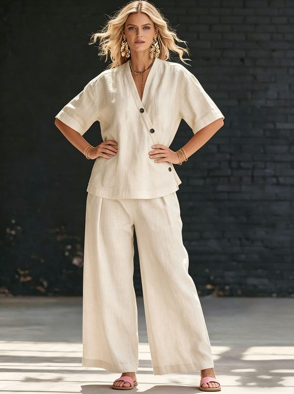 Ensemble Femme : T-shirt Col V Manches Courtes et Pantalon Taille Haute