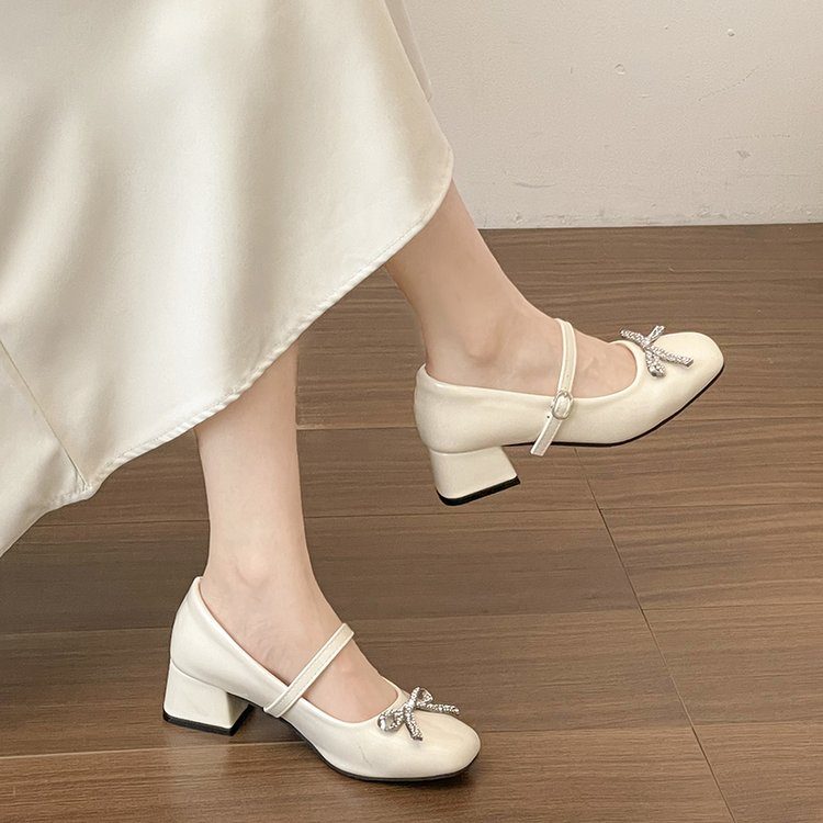 French Bow Square-Toe Mary Jane Chaussures , Sweet Thick Heel With Single Strap And Jupe Pair