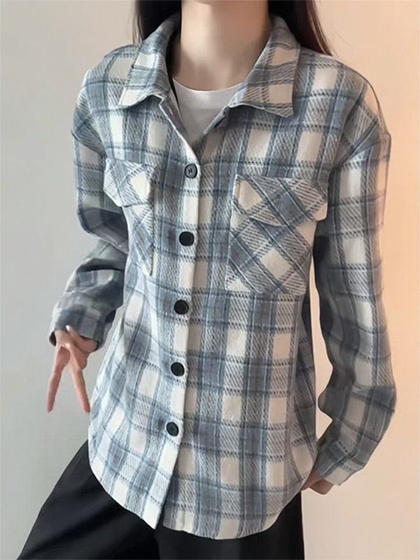 Chemise Femme à Carreaux Robuste Bleu Ciel, Style Américain