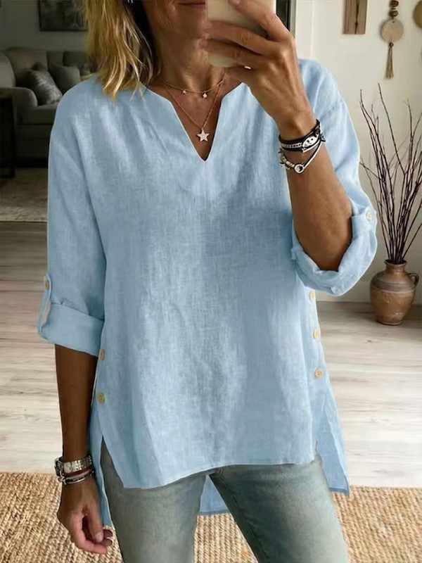 T-shirt Fluide à Col V et Manches Trois-Quarts pour Femme