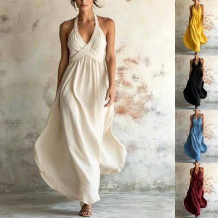 Robe Longue Évasée Unie Sans Manches
