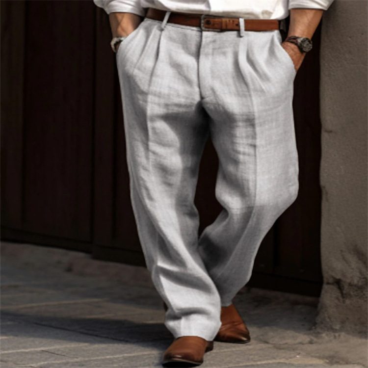 Homme Linen Trousers Double Pleats Front Pockets Straight-Leg Uni Color