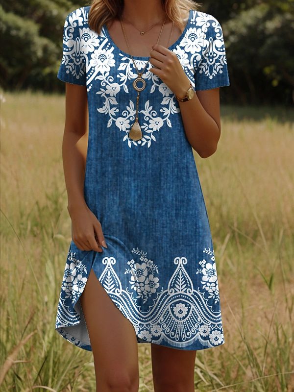 Robe Mi-longue Fleurie et à Pois, à Manches Courtes et Col Rond