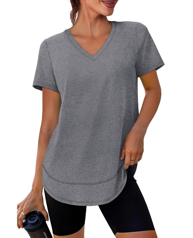 T-shirt de Sport Performance Col V Manches Courtes Uni, Séchage Rapide