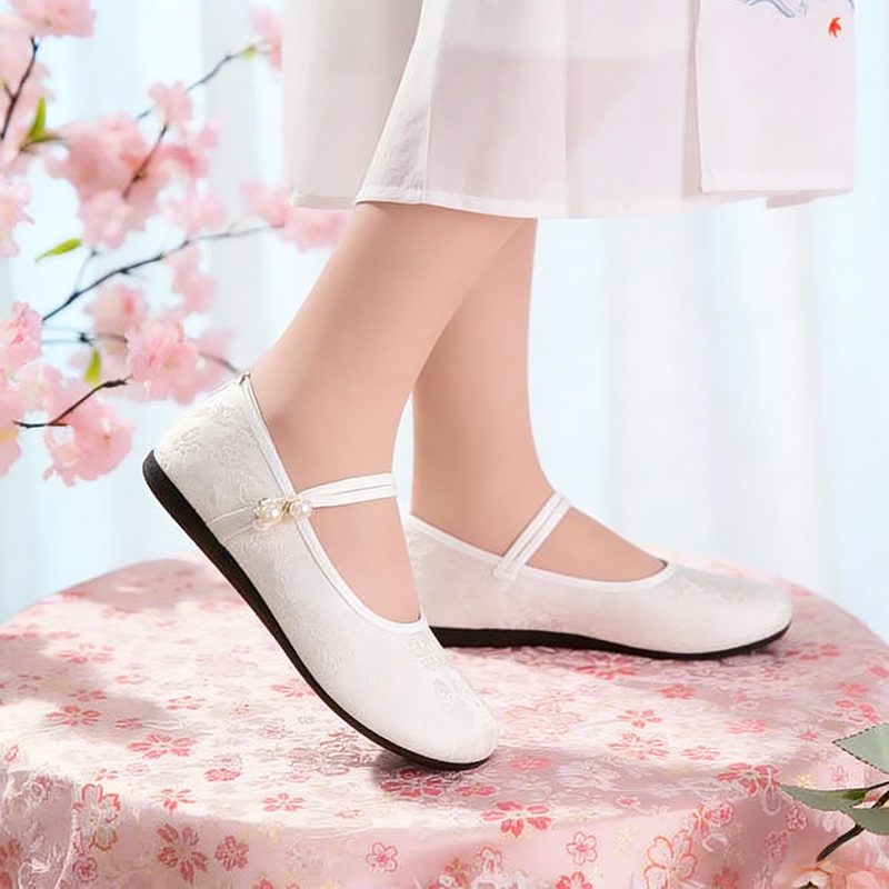 Ballerines Plates Mary Jane en Satin Style Chinois - Printemps-Été, Confort Respirant et Texture Jacquard Élégante, Idéales pour Qipao & Hanfu Femme