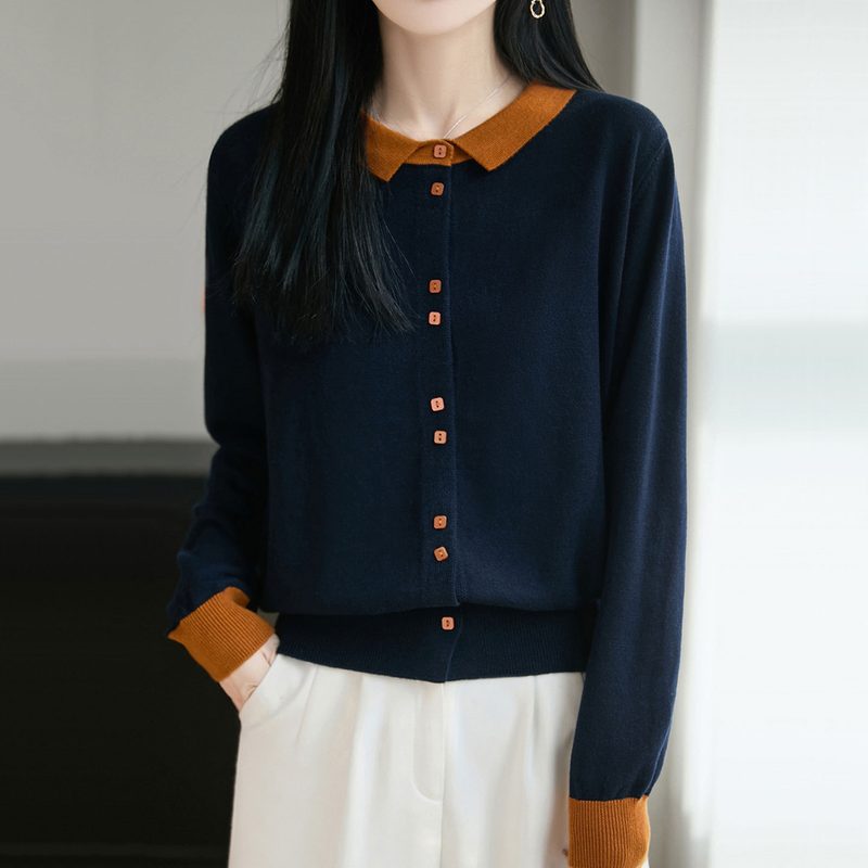 Cardigan en Maille Color-block à Col Revers et Coupe Décontractée pour Femme