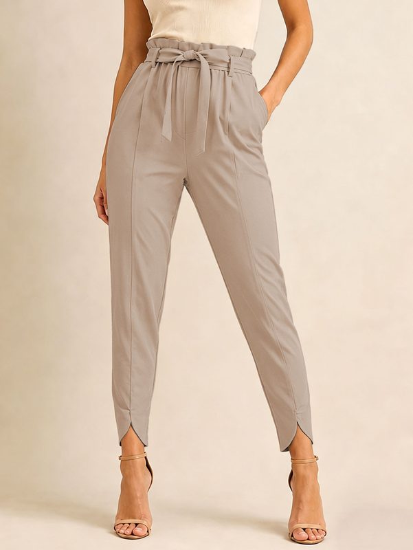Pantalon Femme Chic et Polyvalent Taille Haute Couleur Unie
