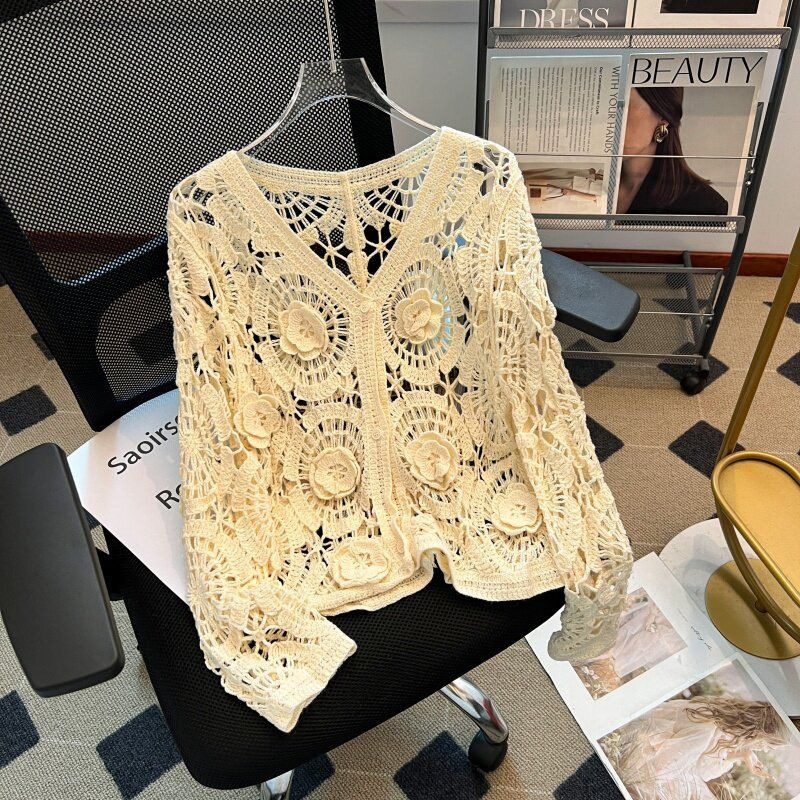 Cardigan Femme en Maille Ajourée au Crochet - Nouvelle Collection