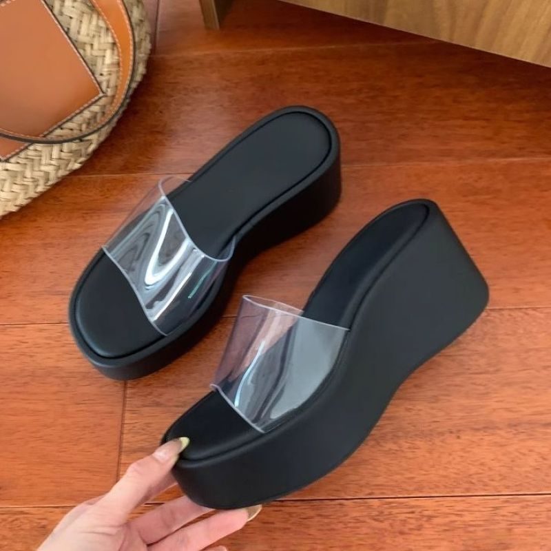 Sandales Femme à Talons Compensés Épais et Brides Transparentes
