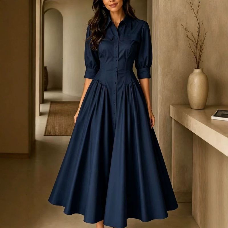 Robe Élégante Taille Haute Unie en Mélange Coton-Lin à Boutonnage Simple