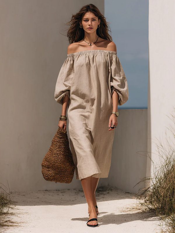 Robe Femme à Épaules Dénudées et Manches Bouffantes en Tissu Mélangé