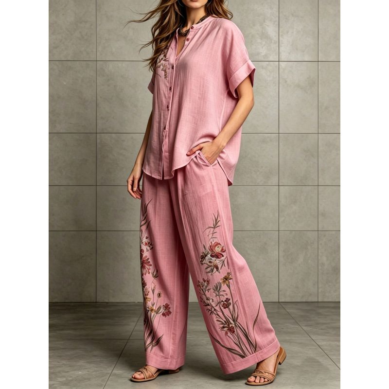 Ensemble Deux-Pièces Décontracté Chic : Top Manches Courtes & Pantalon Ample