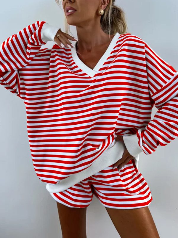 Ensemble Femme : T-shirt Col V à Rayures et Short