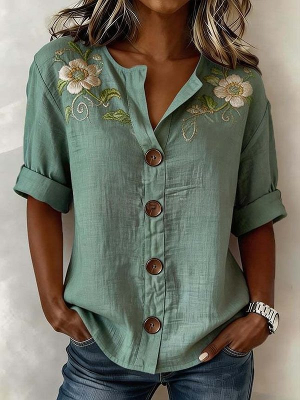 Blouse Imprimée à Manches Lanterne Boutonnée pour Femme