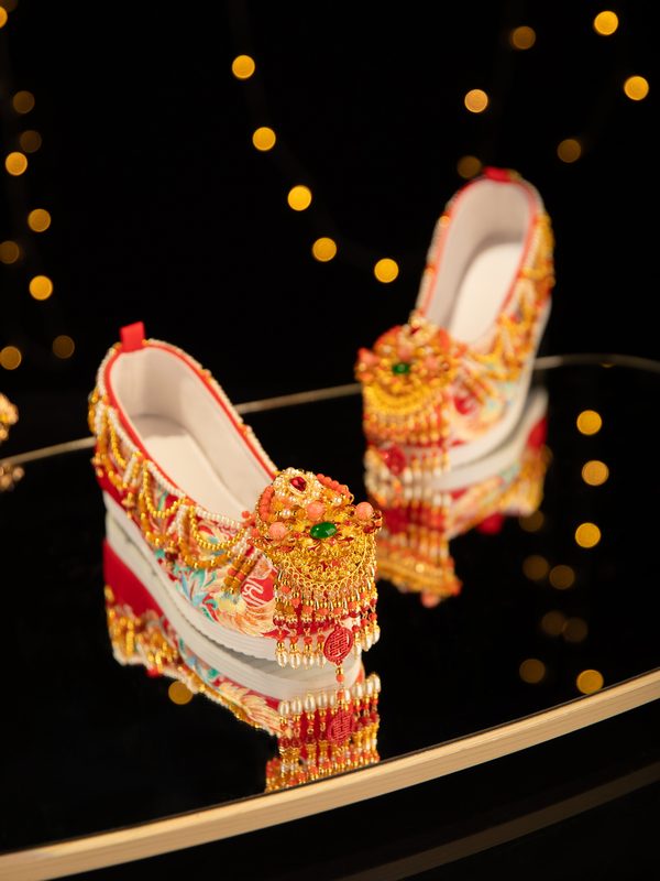 Handmade Original Chinese-Style Hanfu Wedding Chaussures , Red Heavywork Beaded Xiuhe Chaussures With Hidden Heel, Traditional Chinese Wedding Chaussures