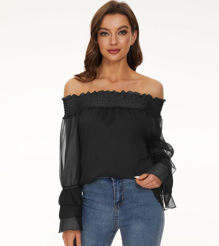 Off-Shoulder Décontracté Manches Longues Chiffon Top With Polka Dots