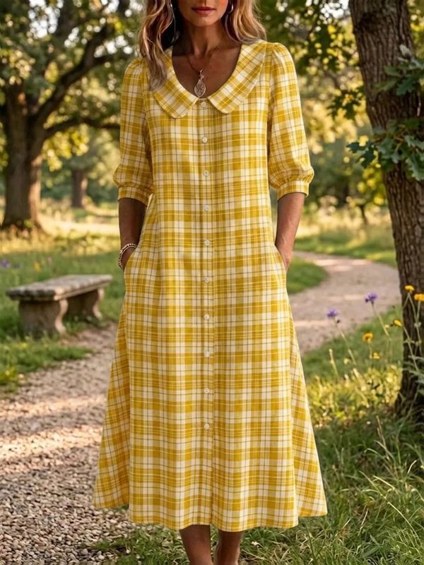 Robe Décontractée à Carreaux, Coupe Ample et Manches Trois-Quarts