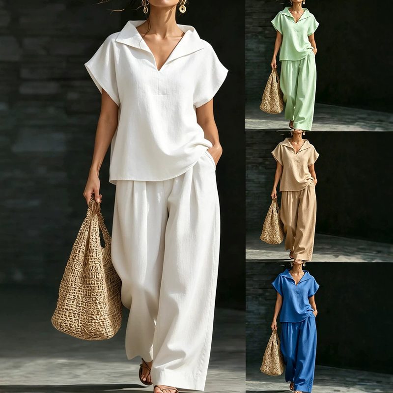 Ensemble Femme Décontracté : Pull Col V Manches Courtes et Pantalon