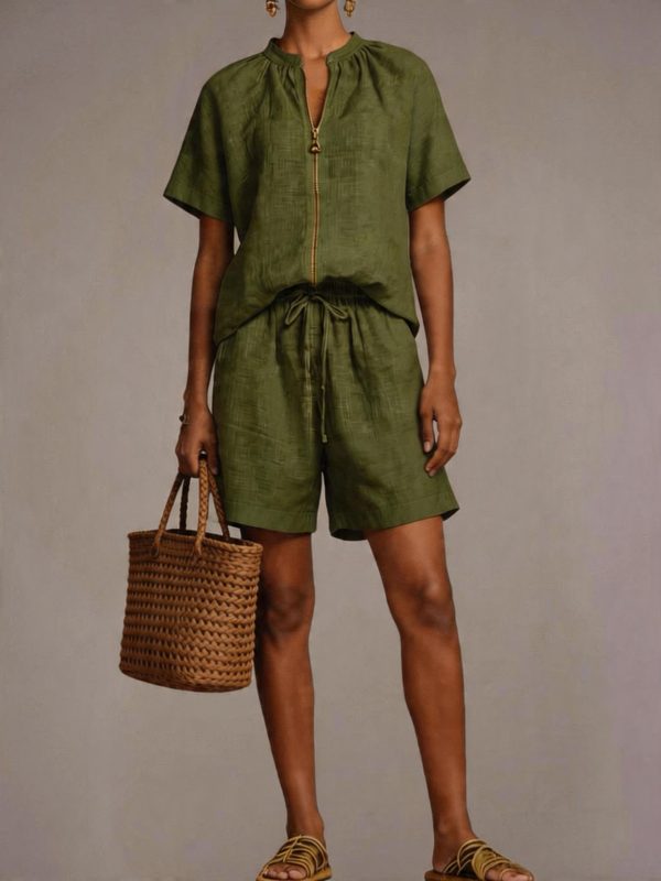Nouveauté Été : Ensemble Short & Chemisette Manches Courtes en Coton-Lin Uni