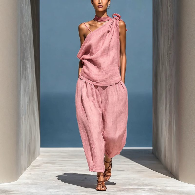 Ensemble Top à Épaules Tombantes et Pantalon Large Fluide