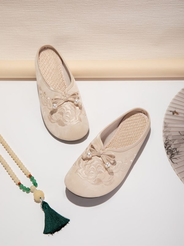Mules Élégantes Beige à Nœud Brodé – Chaussures en Toile Confortables à Semelle Souple pour Femme