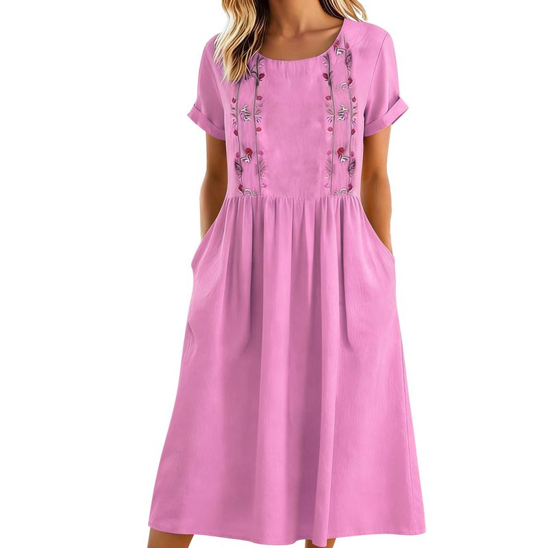 Robe Chasuble Brodée à Col Rond en Coton et Lin pour Femme