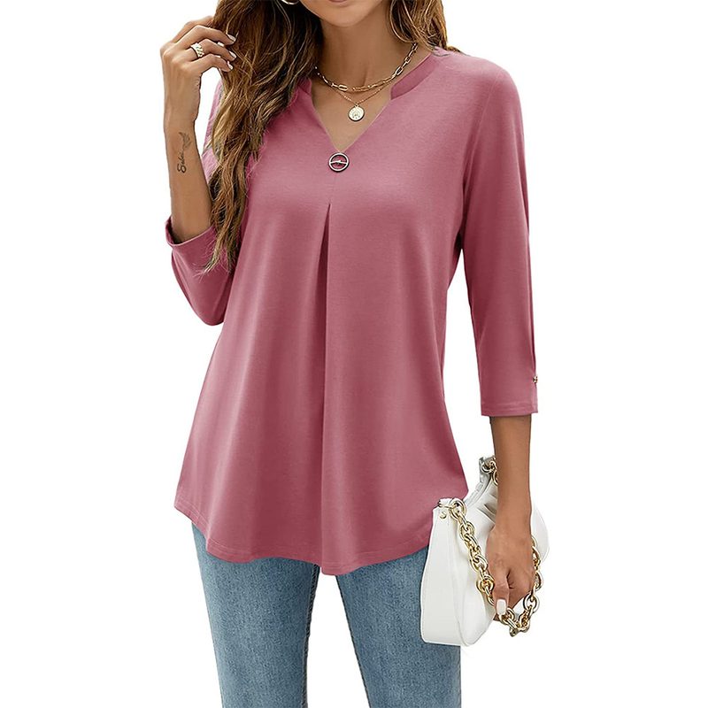 T-shirt Plissé Uni pour Femme à Col V, Manches Trois-Quarts et Boutons Décoratifs