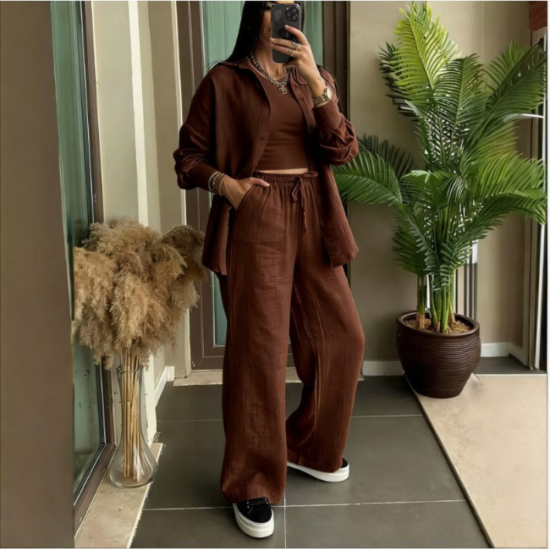 Ensemble 3 Pièces Chic en Faux Lin Uni : Chemise Manches Longues, Caraco & Pantalon Large à Cordon