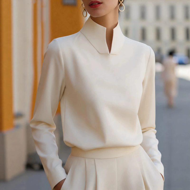 Nouvelle Blouse Femme à Col Mandarin, Manches Longues – Élégance Bureau Chic d'Inspiration Chinoise