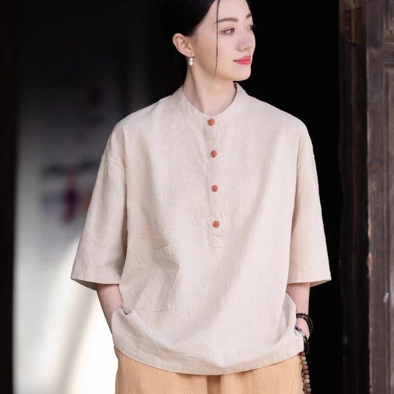 Blouse Vintage Élégante Unie à Col Officier pour Femme