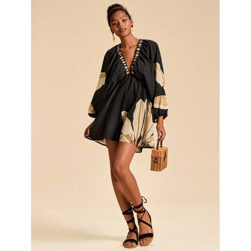 Robe Courte Imprimée pour Femme, Col V et Manches Longues