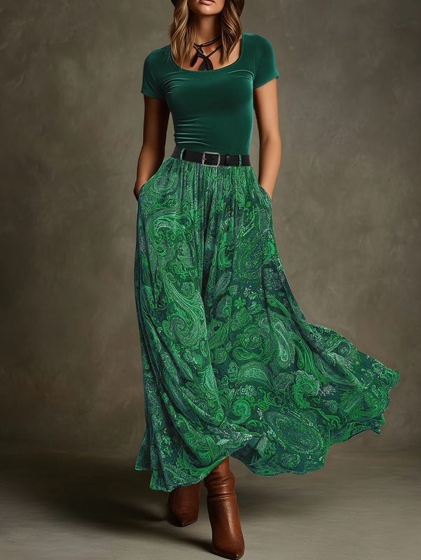 Boho Paisley Print Taille Haute Maxi Jupe With Pockets, Elastic Waist A-Line Long Jupe For Vacation Summer Robe Maxi Robe