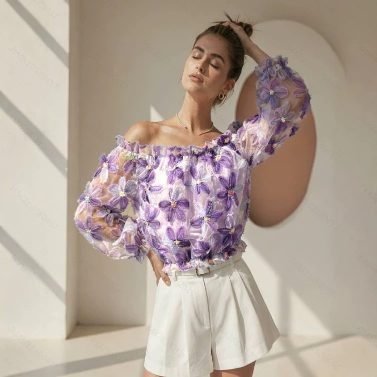 Haut d'été en résille chic et décontracté, à imprimé floral, épaule dénudée et manche longue asymétrique